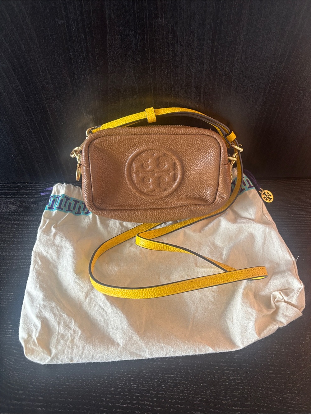 Tory Burch Brown Pebbled Leather Crossbody with Yellow Strap